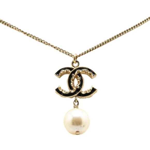 CHANEL Black CC Logo Wave Pearl Drop Necklace 17" Gold Tone B14V Auth w/Box - Picture 1 of 4